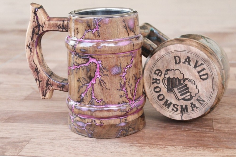 Custom Handmade Fractal Burn Wood Beer Mug 18oz Unique Design-image