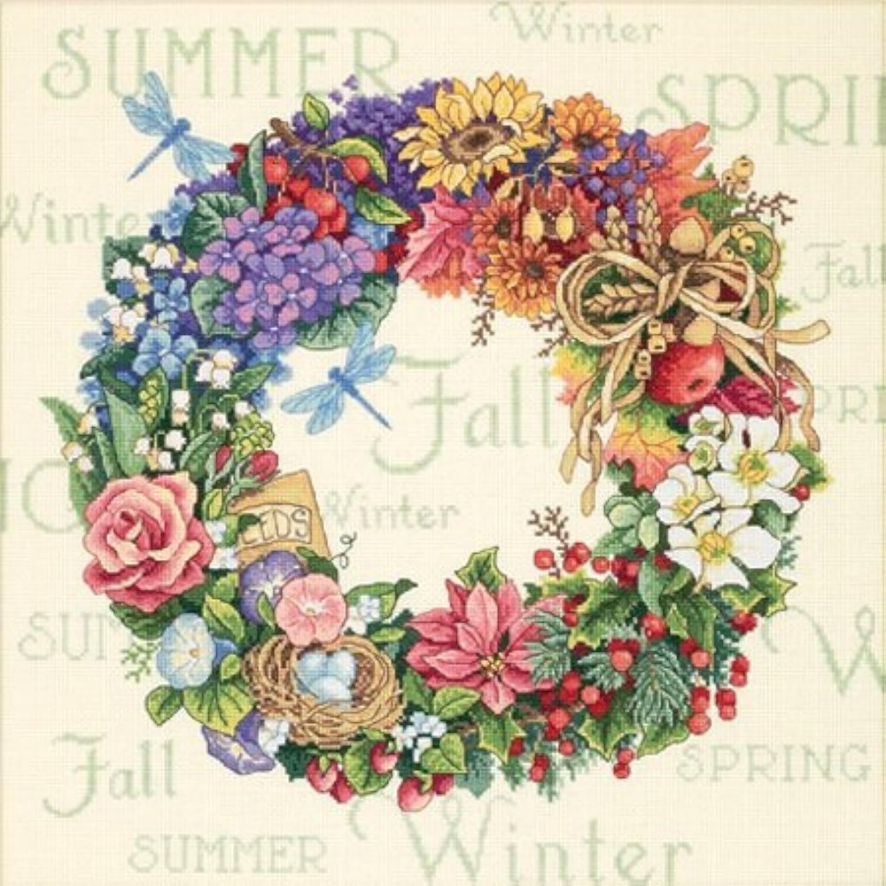 35040 Gold Collection All-Season Wreath Cross Stitch Kit 18 Count 14x14