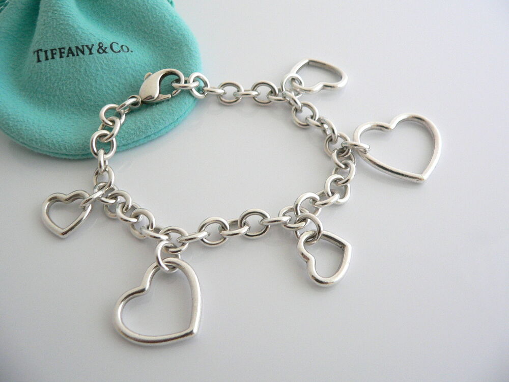 Tiffany & Co Silver 5 Hearts Dangle Bracelet Bangle Link 7.5 In Chain Gift Love