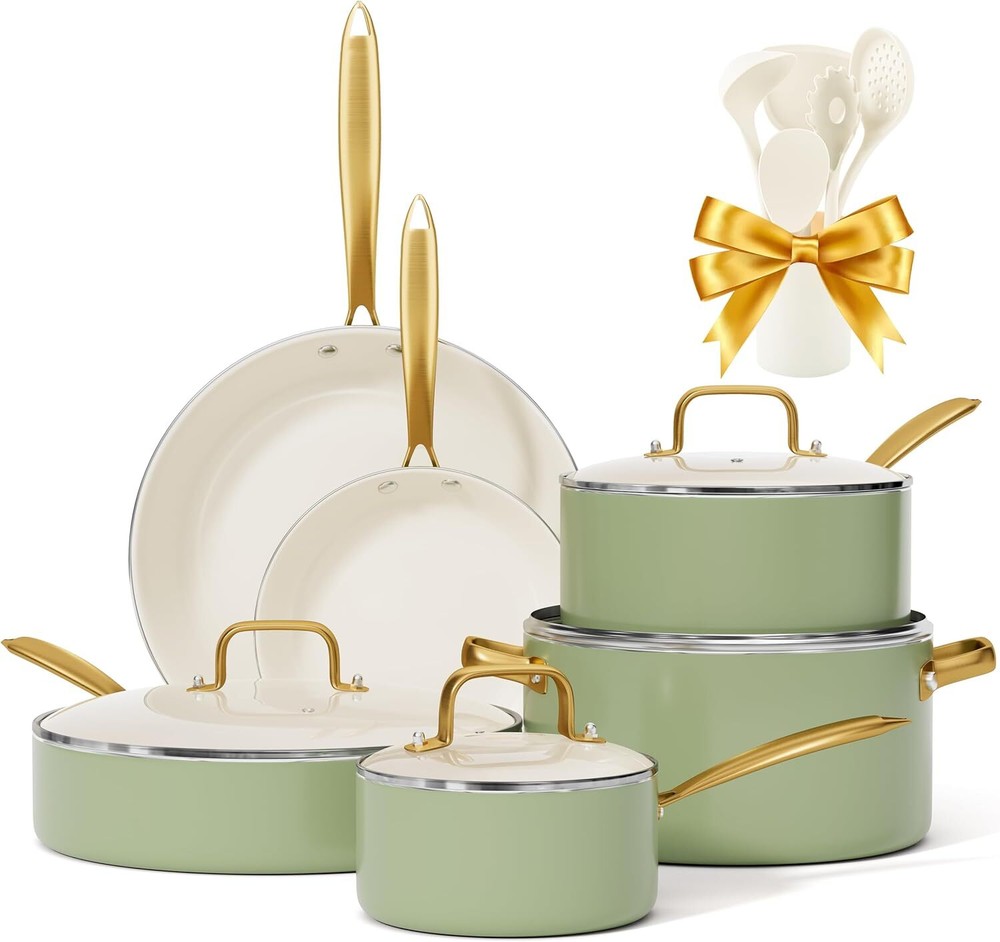 Ceramic Cookware Set with Cooking Utensils Set, Non Toxic Kitchen Cookware Sets