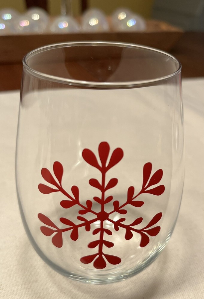 Stemless Wine Glasses with Festive Red Snowflake Design - Set of 4