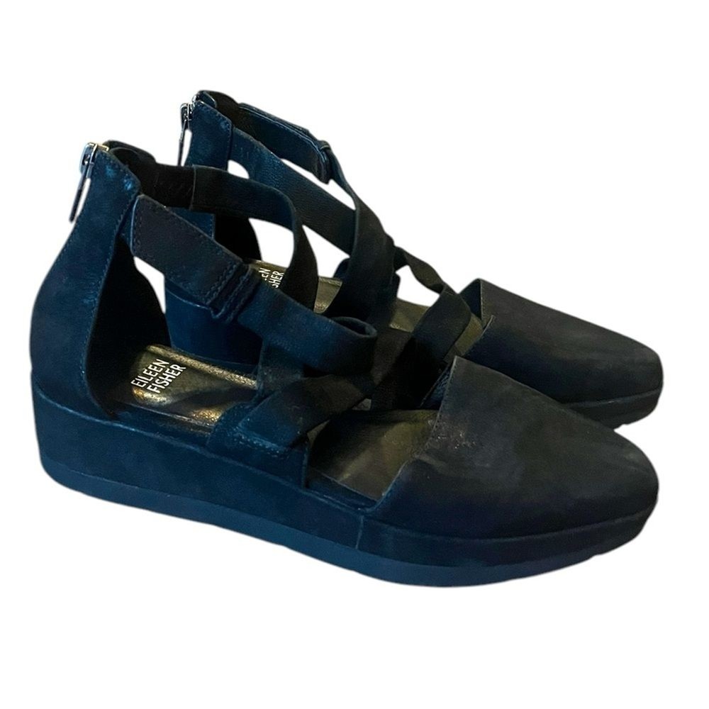 Eileen Fisher Bovery Black Suede Strappy Wedge Sandals Size 6.5