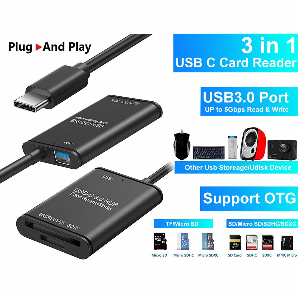 Portable USB 3.0 Type C To SD/TF Card Reader Adapter USB C 3 in 1 Hub Converter