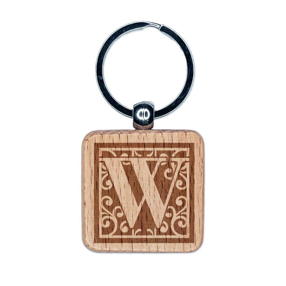 Monogram Swirl Letter W Engraved Wood Keychain Charm