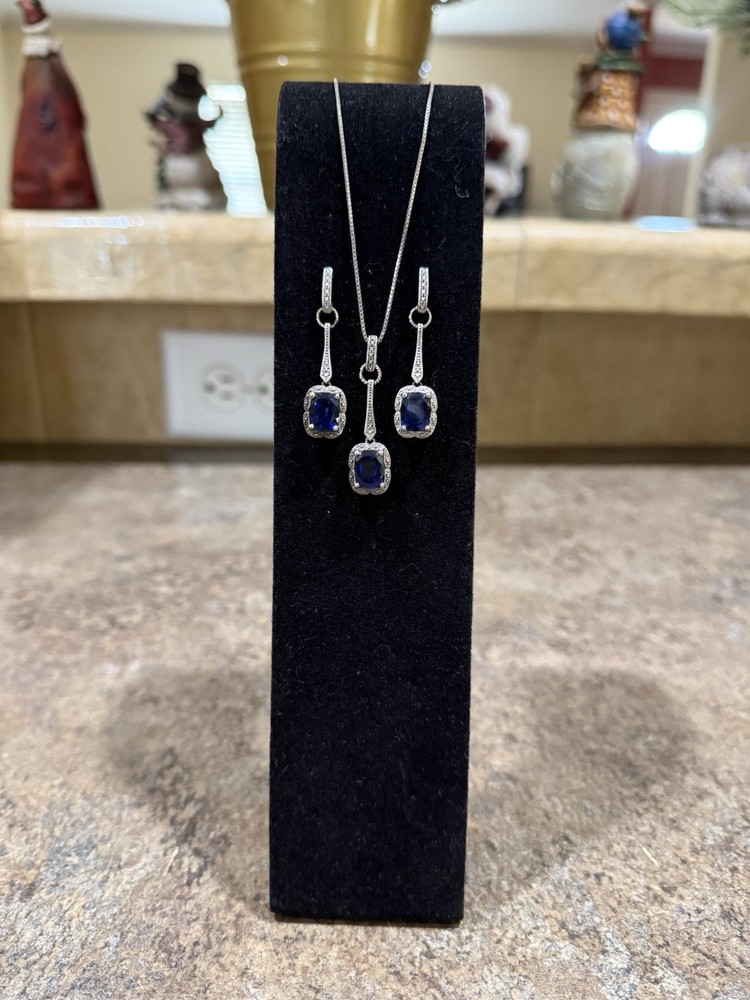 Zales Sterling Silver Sapphire Necklace And Earrings Set