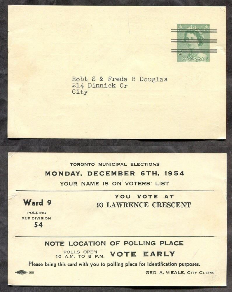 TORONTO 1954 Precancel Postal Card. Municipal Elections. Voting. Political
