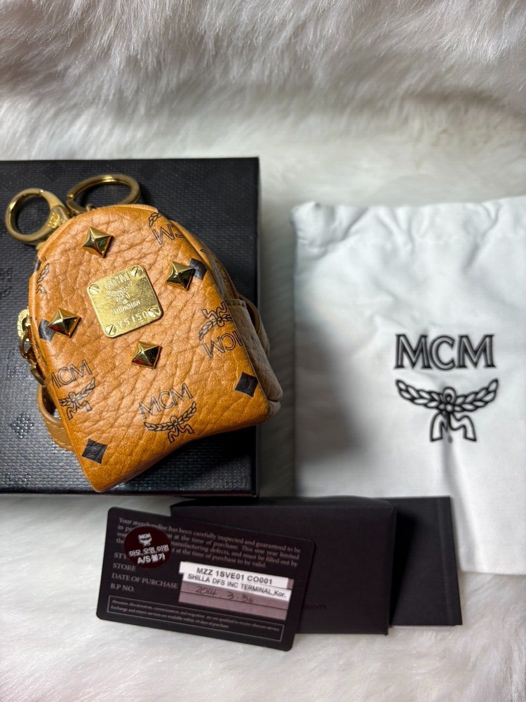 MCM Mini Backpack Keychain with Studs Logo Zipper Charm Accessory Case Holder