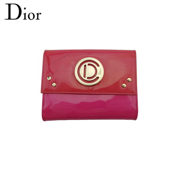 Dior W hook wallet with D mark plate in pink enamel leather Authentic pre-owned C4545