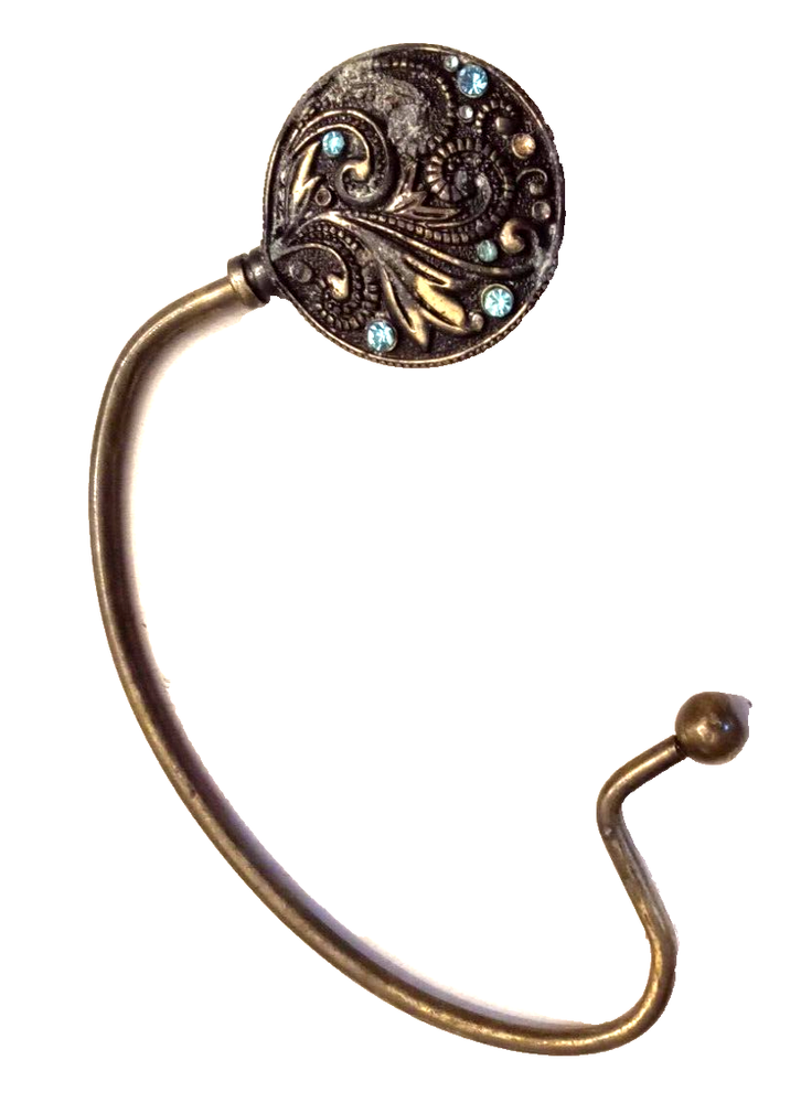 Ganz Hand Bag Holder Antiqued Bronze Blue Rhinestone Under Table Purse Hook