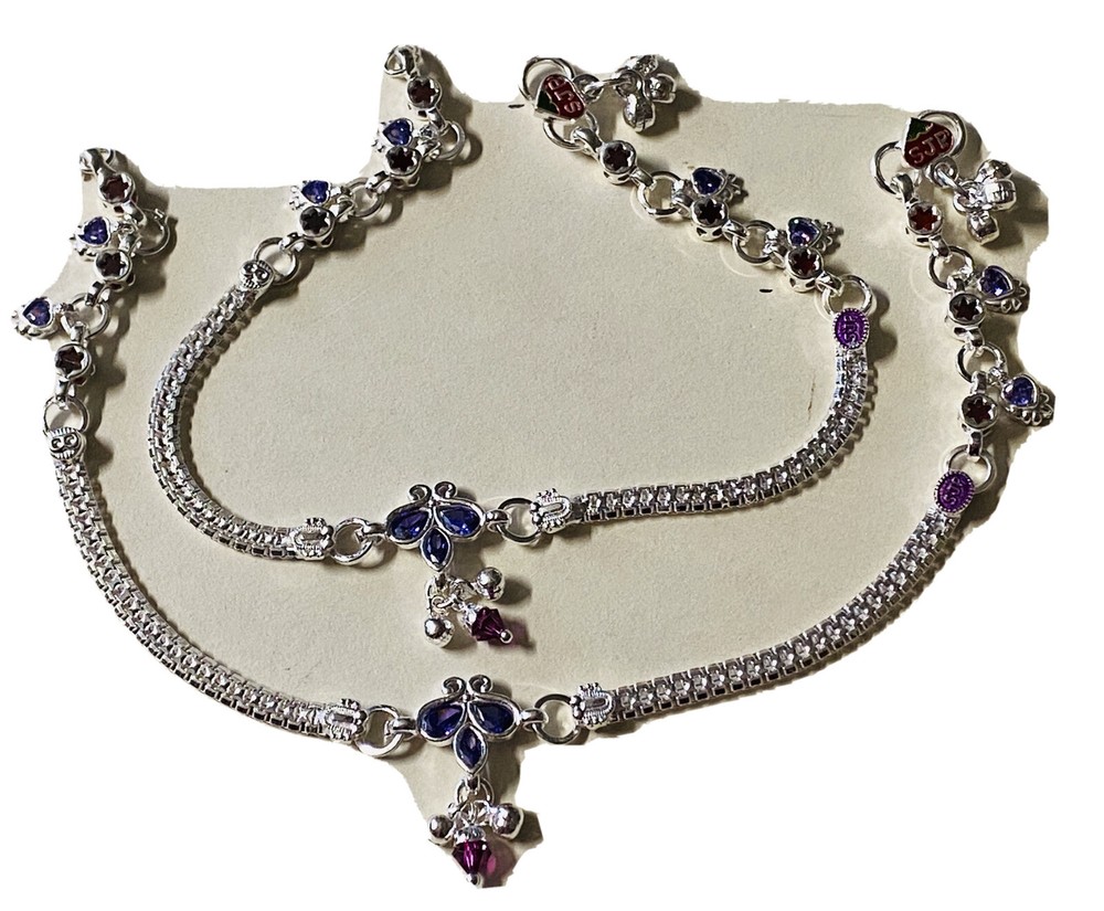 Sterling Silver Payal Anklet with Purple Crystals and Bells Bollywood Style-image