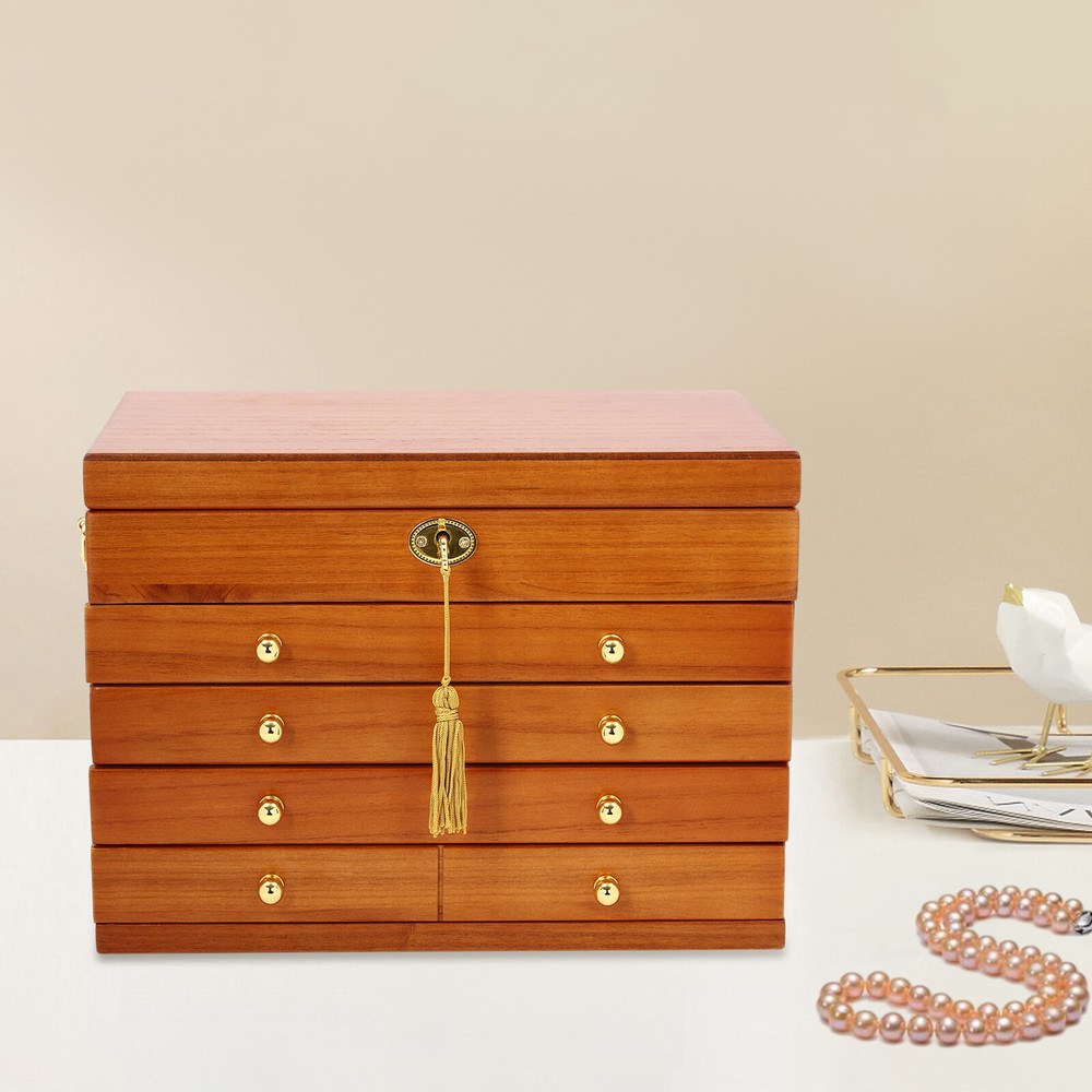 5-Layer Large Wooden Jewelry Storage Box Ring Necklace Organizer with 4 Drawers