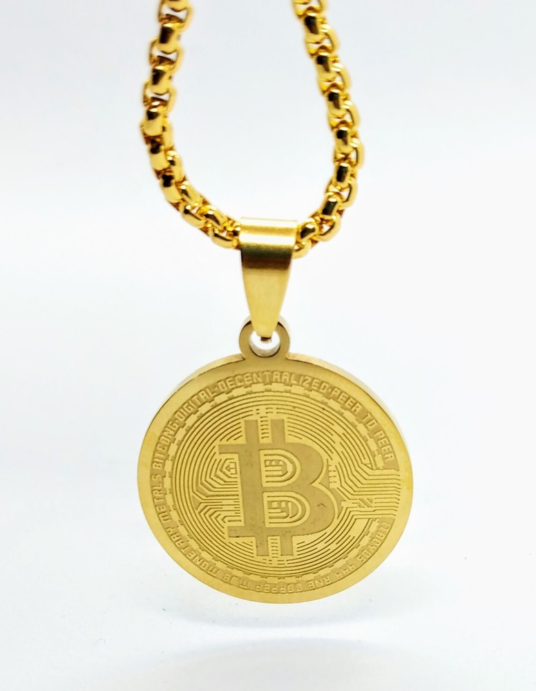 BITCOIN NECKLACE Gold BTC Crypto Cryptocurrency Coin Pendant & Golden Chain-image