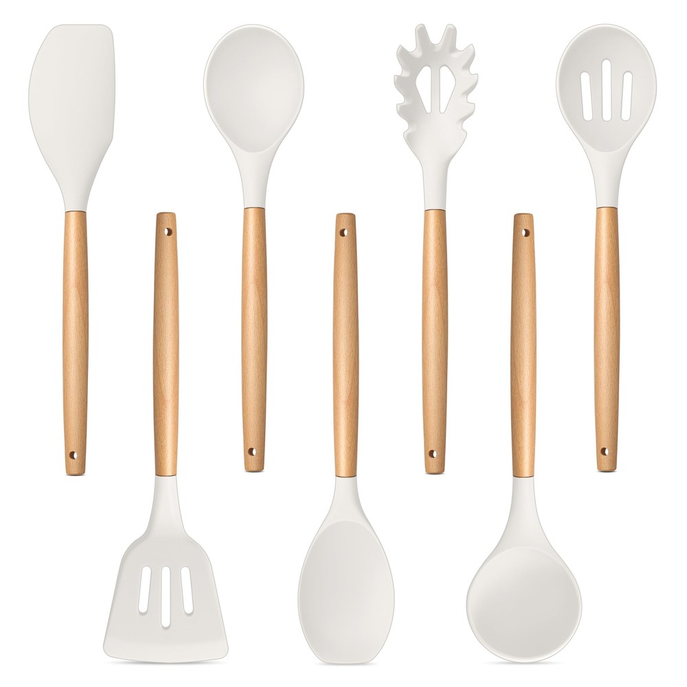 Kitchen Utensils Set of 7, Silicone Cooking Utensils Kitchen Tools with Woode...