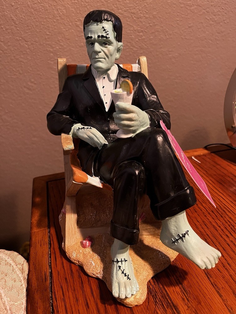 Summerween Frankenstein Beach Statue Lounging with Drink