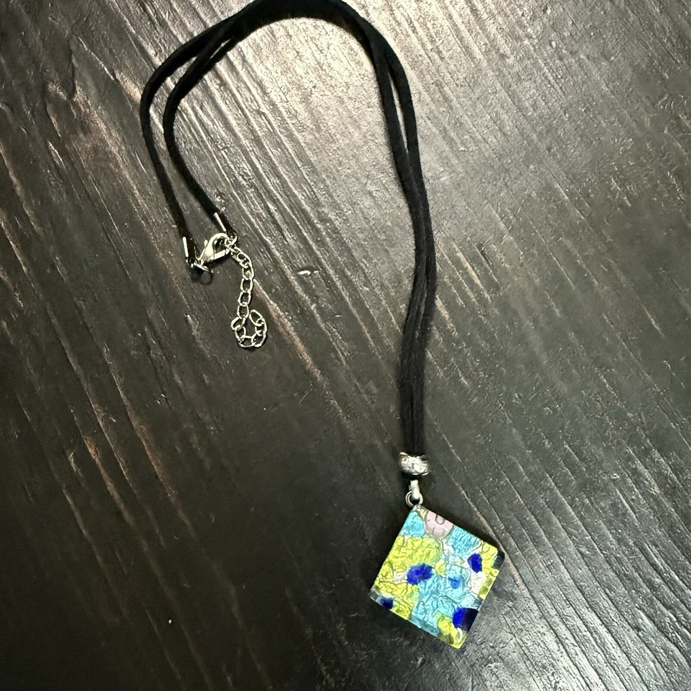 Vetro di Murano Italy Green Blue Art Glass Leather Adjustable Silver Tone