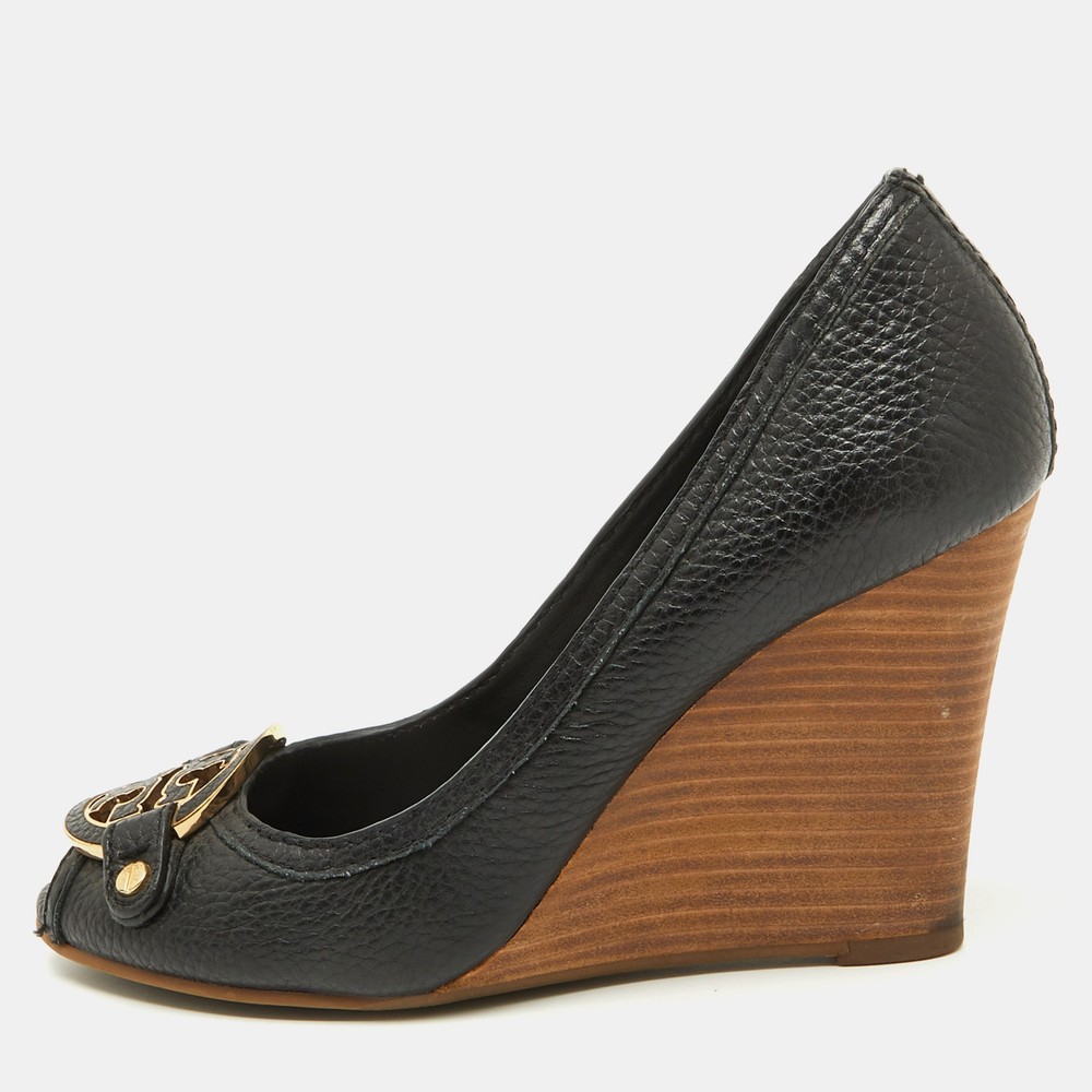 Tory Burch Black Leather Logo Peep Toe Wedge Pumps Size 38