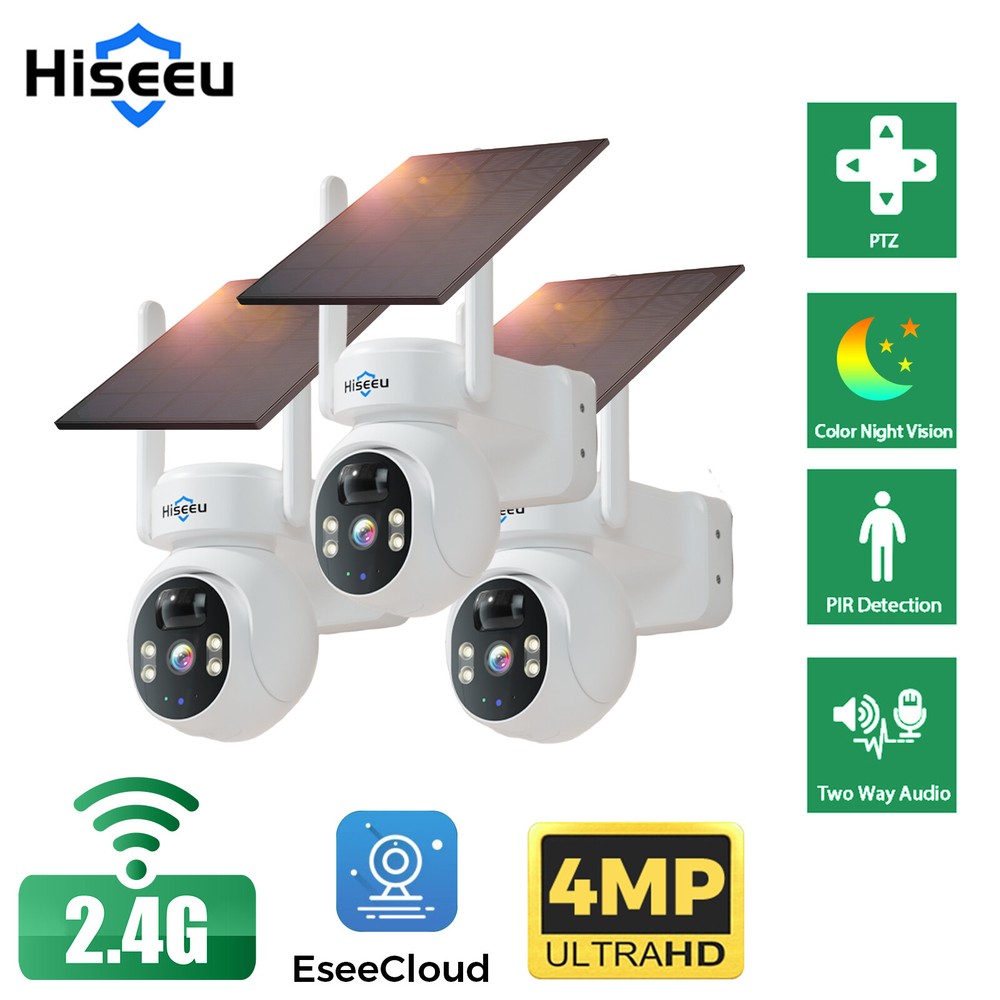 1~3PCS Hiseeu 4MP WIFI Solar Battery Security Camera PIR Detection Eseecloud APP
