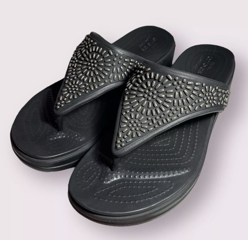 Crocs Monterey Diamante Womens Size 9 Black Thong Flip Flop Wedge Sandals 206343