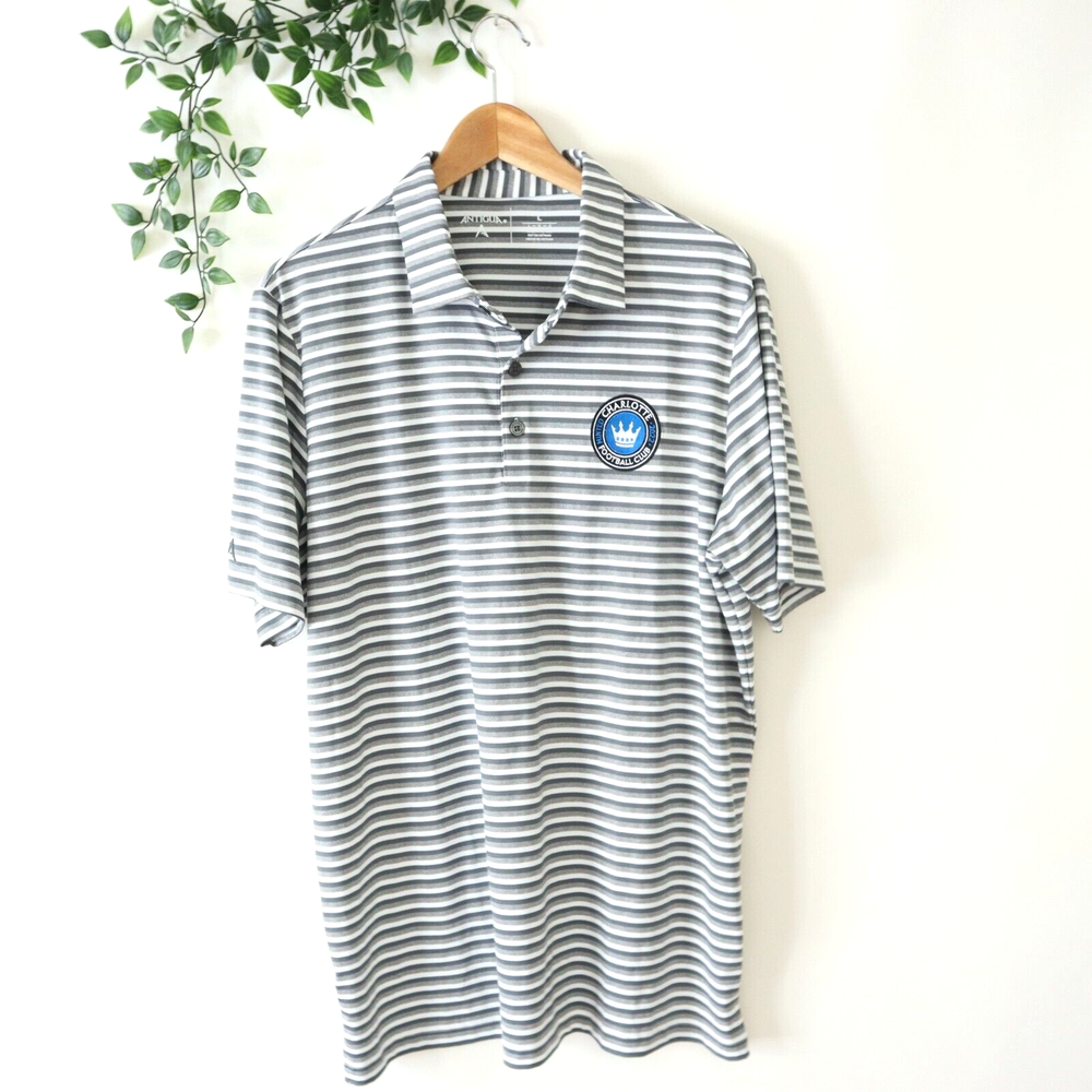 Charlotte Football Club Antigua Men's Gray Striped Polo Shirt Size Large