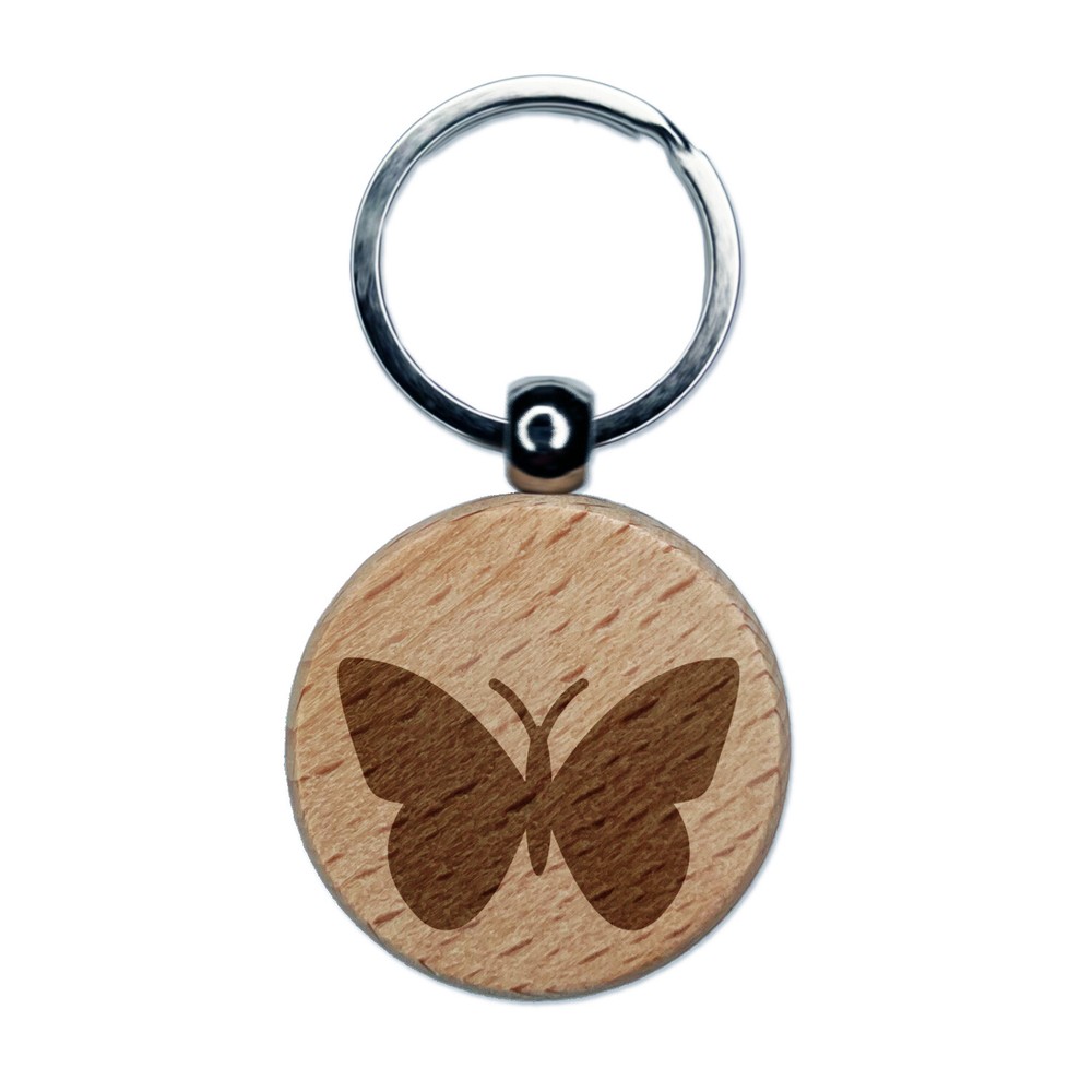 Butterfly Engraved Wooden Round Keychain Charm Tag  