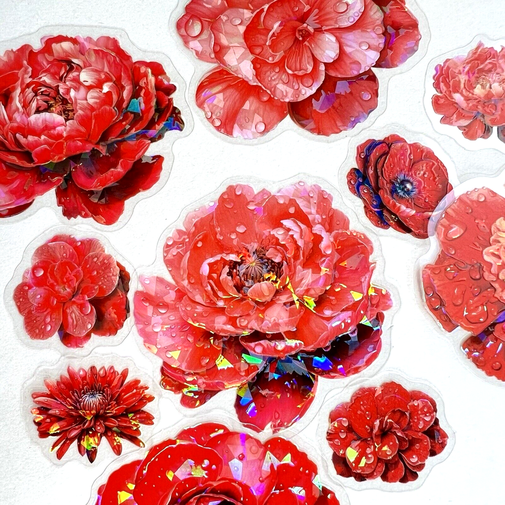 Holographic Red Pink Flower Stickers Valentine's Junk Journals Collage Scrapbook