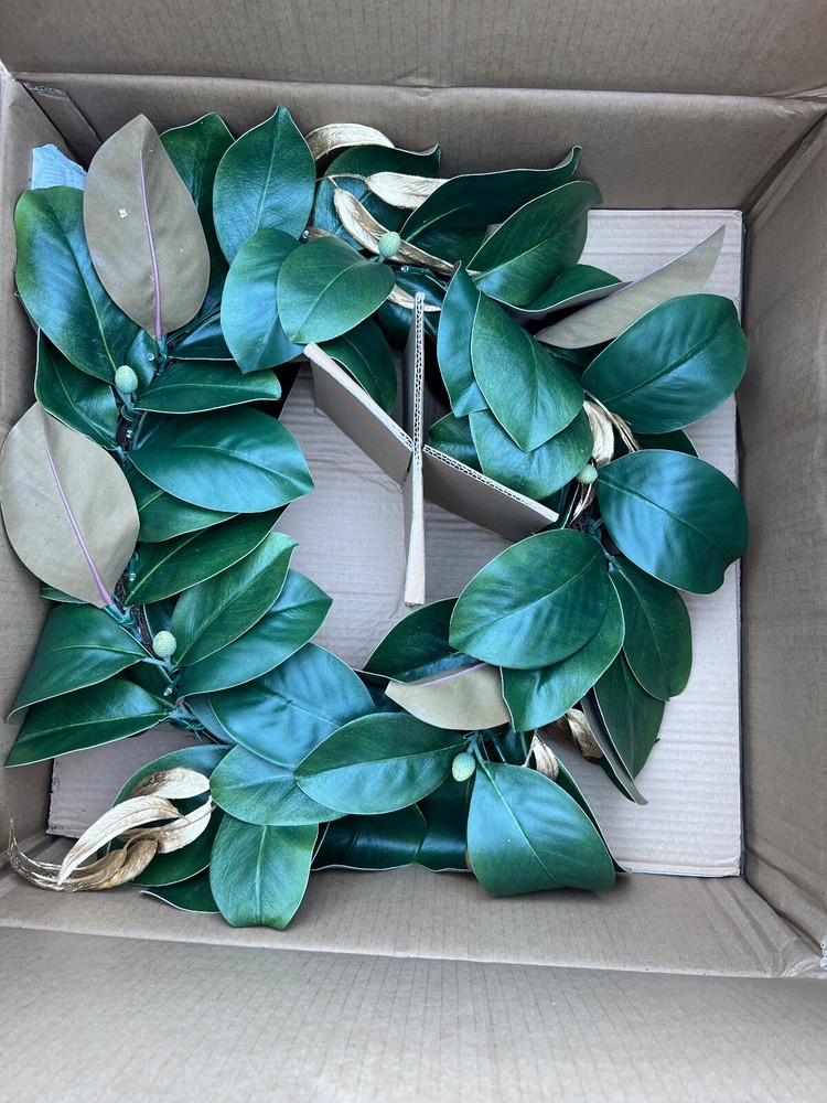 Pottery Barn Gold-Leaf Magnolia Wreath with Pre-Lit Lights