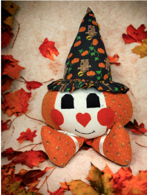 Handmade Halloween Pumpkin Shelf Sitter with Witch Hat and Scarecrow Design