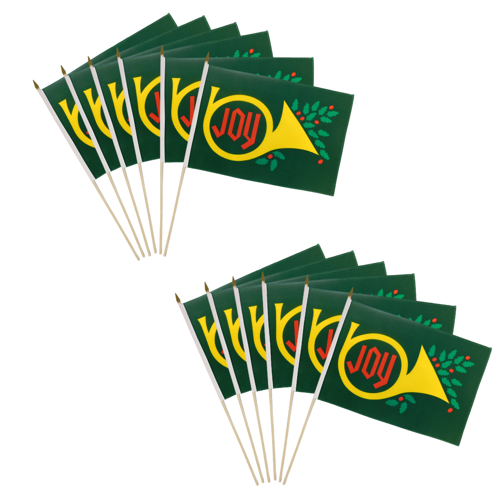 12pc Christmas Joy 12x18in Handheld Flags Xmas Holiday Trumpet Joy Stick Flags