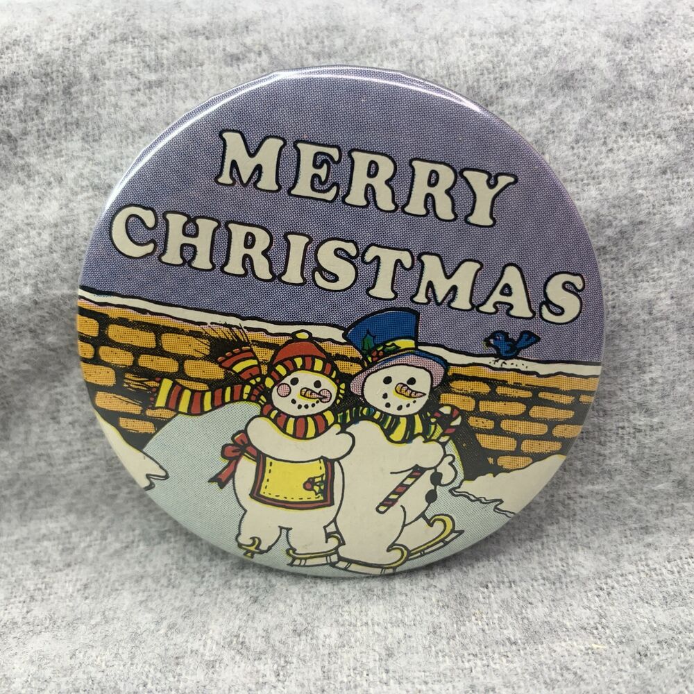 Vintage Merry Christmas Frosty Snowman Pin Button 1980 Russ Berrie & Company Inc