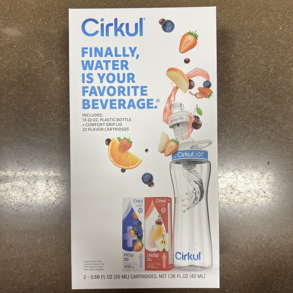 Cirkul 22Oz Plastic Water Bottle Starter Kit with Blue Lid & 2 Flavor Cartridges