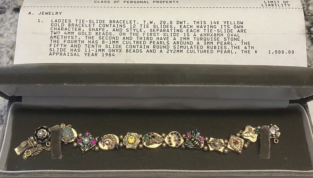 ANTIQUE VICTORIAN SLIDE CHARM BRACELET, 14KT GOLD 31.1 GRAMS w/1984 Appraisal