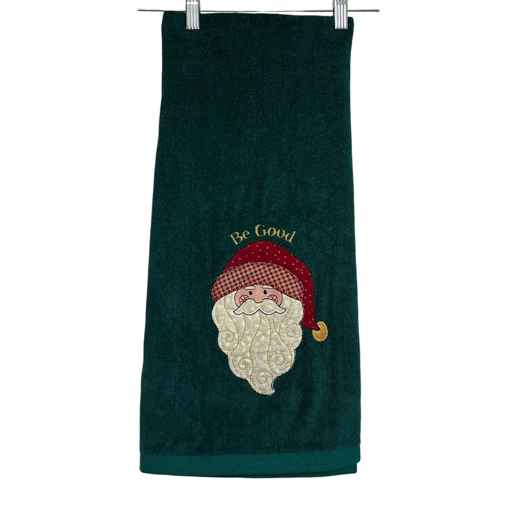 Vintage Green Bath Towel ‘Be Good’ Embroidery Santa Patchwork Cotton Made in USA