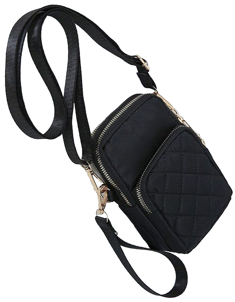 Quilted Light Nylon Black Crossbody Bag Cell Phone Wristlet Adjustable Strap