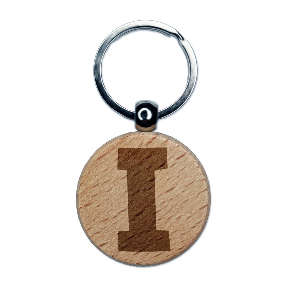 Letter I Uppercase Fun Bold Font Engraved Wood Round Keychain Tag Charm