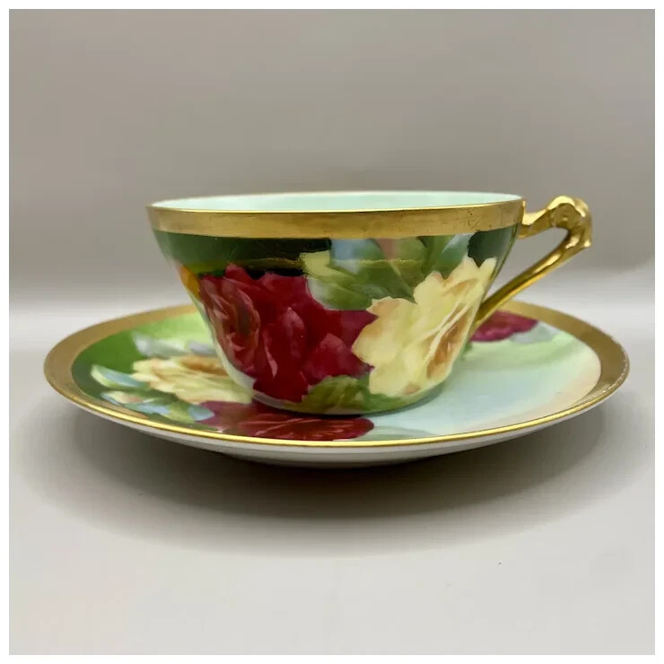 Limoges Tea Cup and Saucer Set, Coronet, PM De M, Mavaleix PM, Roses