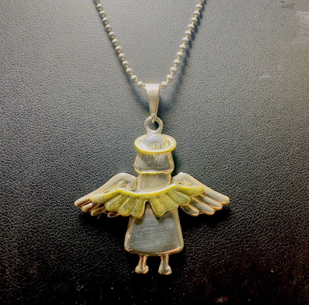 Sterling Silver Italy Angel Wing Beaded Necklace with Mixed Metal Pendant 20 Inch