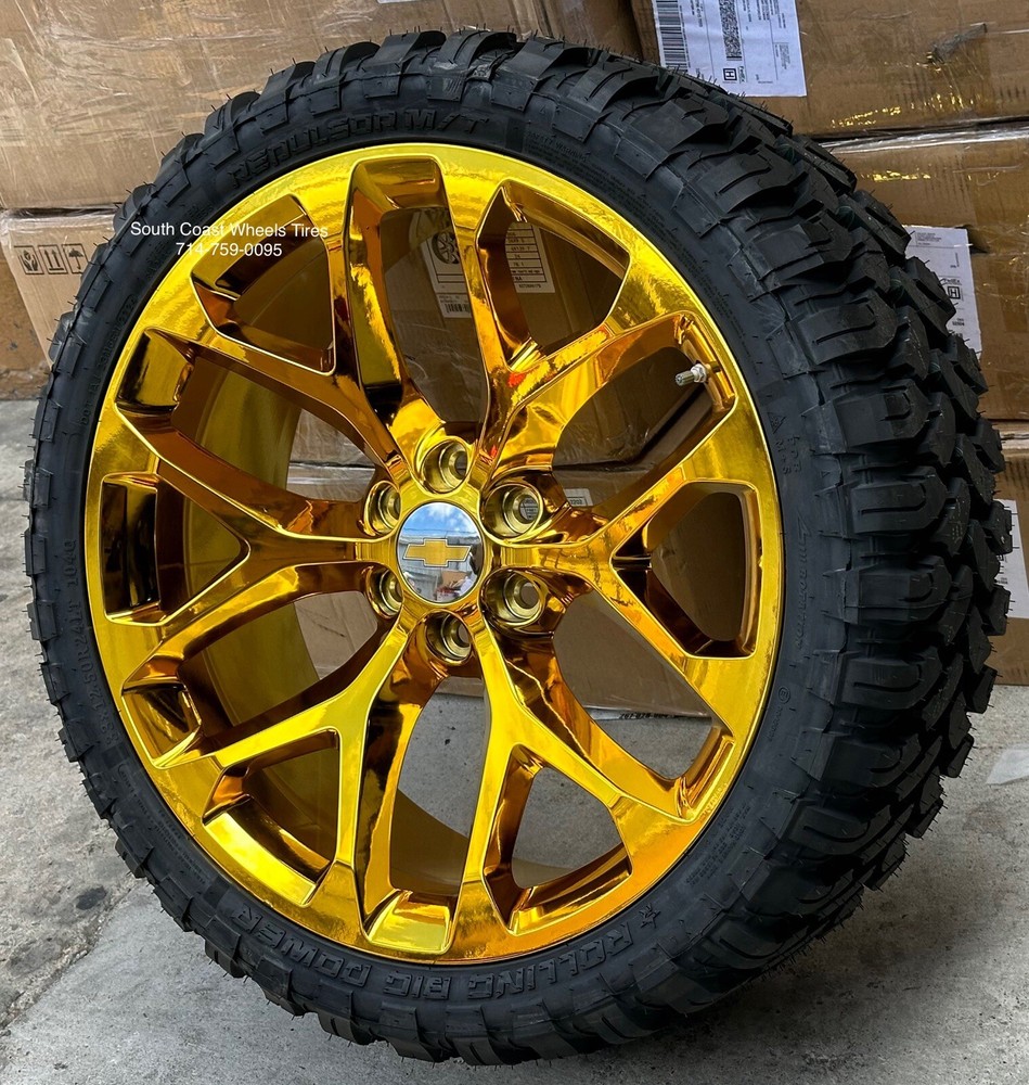 24” SNOWFLAKE GOLD PLATED CHROME WHEELS 33” Mud MT TIRES Chevy Silverado Tahoe