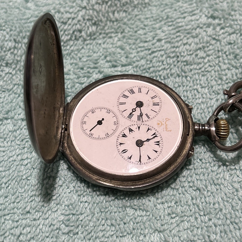 Captains Dual Time Zone Antique Pocket Watch. Working. Silver Case. Arabic Marke