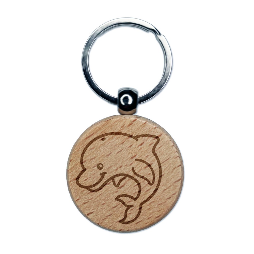 Debonair Jumping Dolphin Engraved Wood Round Keychain Tag Charm