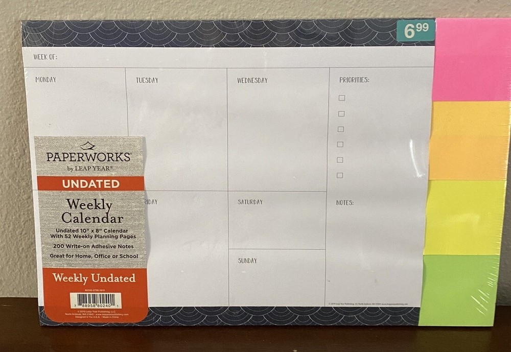 Weekly Calendar Scheduler Pad UNDATED Includes 200 Colored Adhesive Notes New