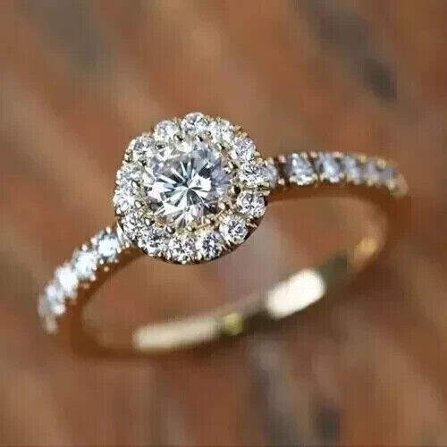 Round Cut Simulated Diamond Halo Wedding Ring in 14k Yellow Gold Plated