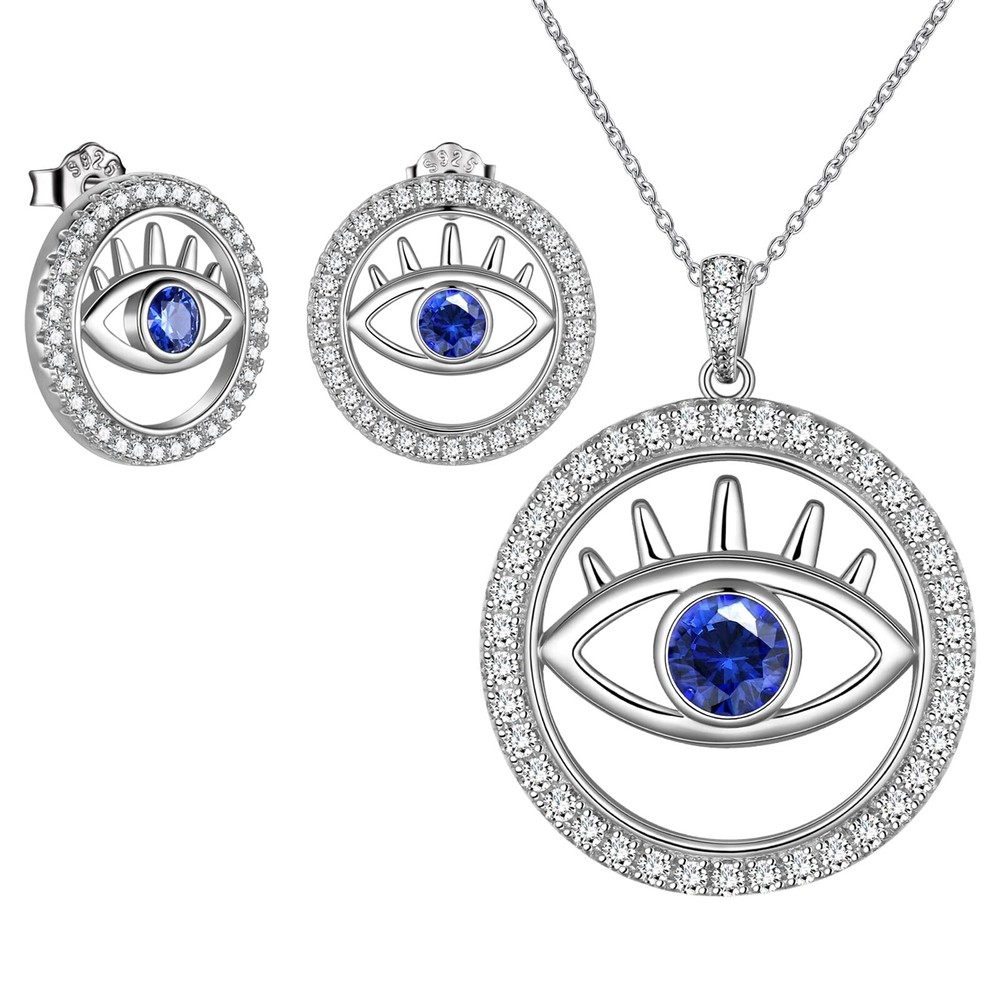 Adjustable Evil Eye Ring Turkish Blue Eye Necklace Stud Earrings Set White Gold  