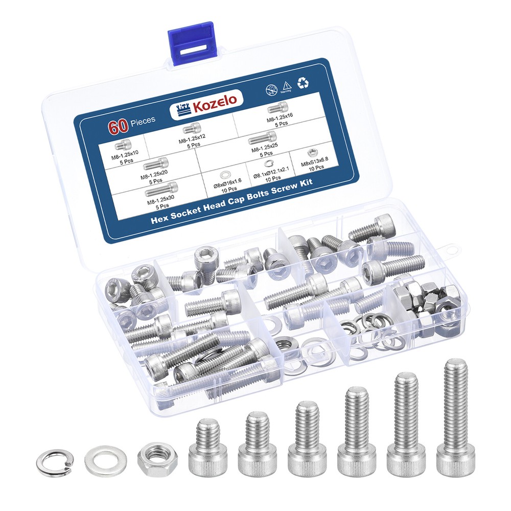 60pcs M8 Socket Head Cap Screws Bolts Nuts Kit, Stainless Steel