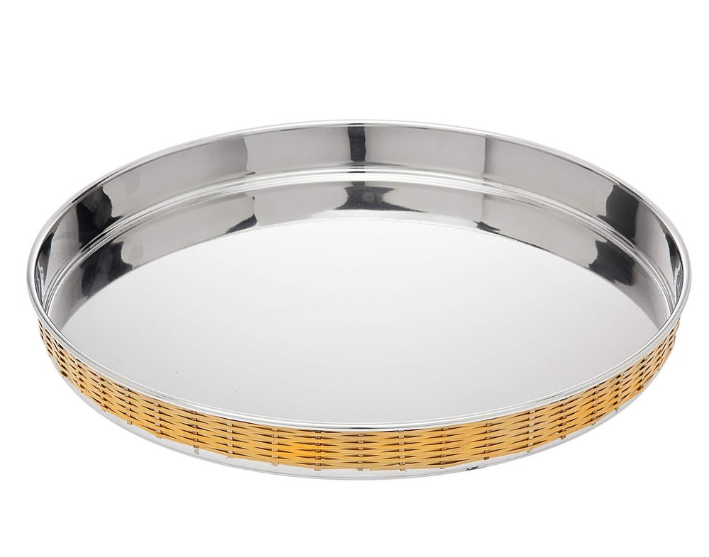 Stainless Steel Beige Rattan Round Serving Tray Platter for Food or Beverage