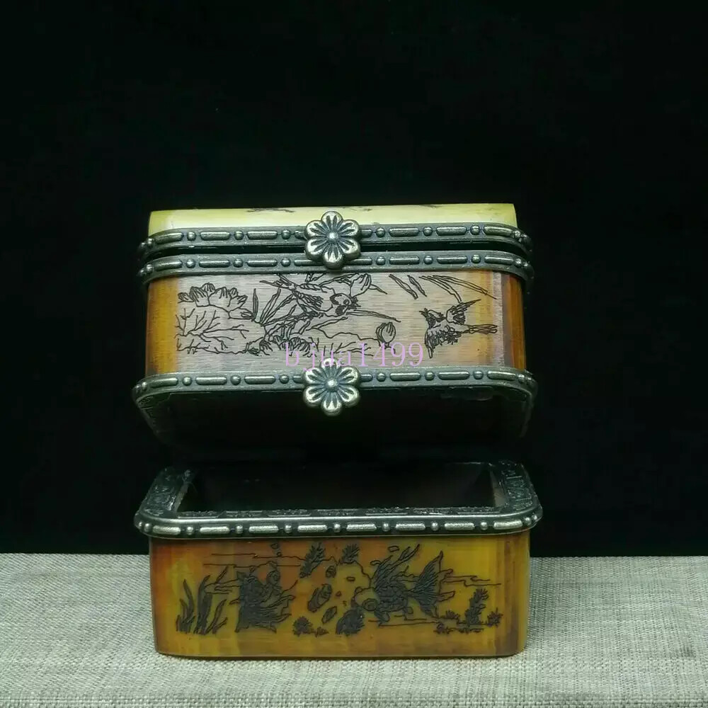 Rare Small Unique Vintage Antique Camel Bone Plum Trinket Jewelry Box