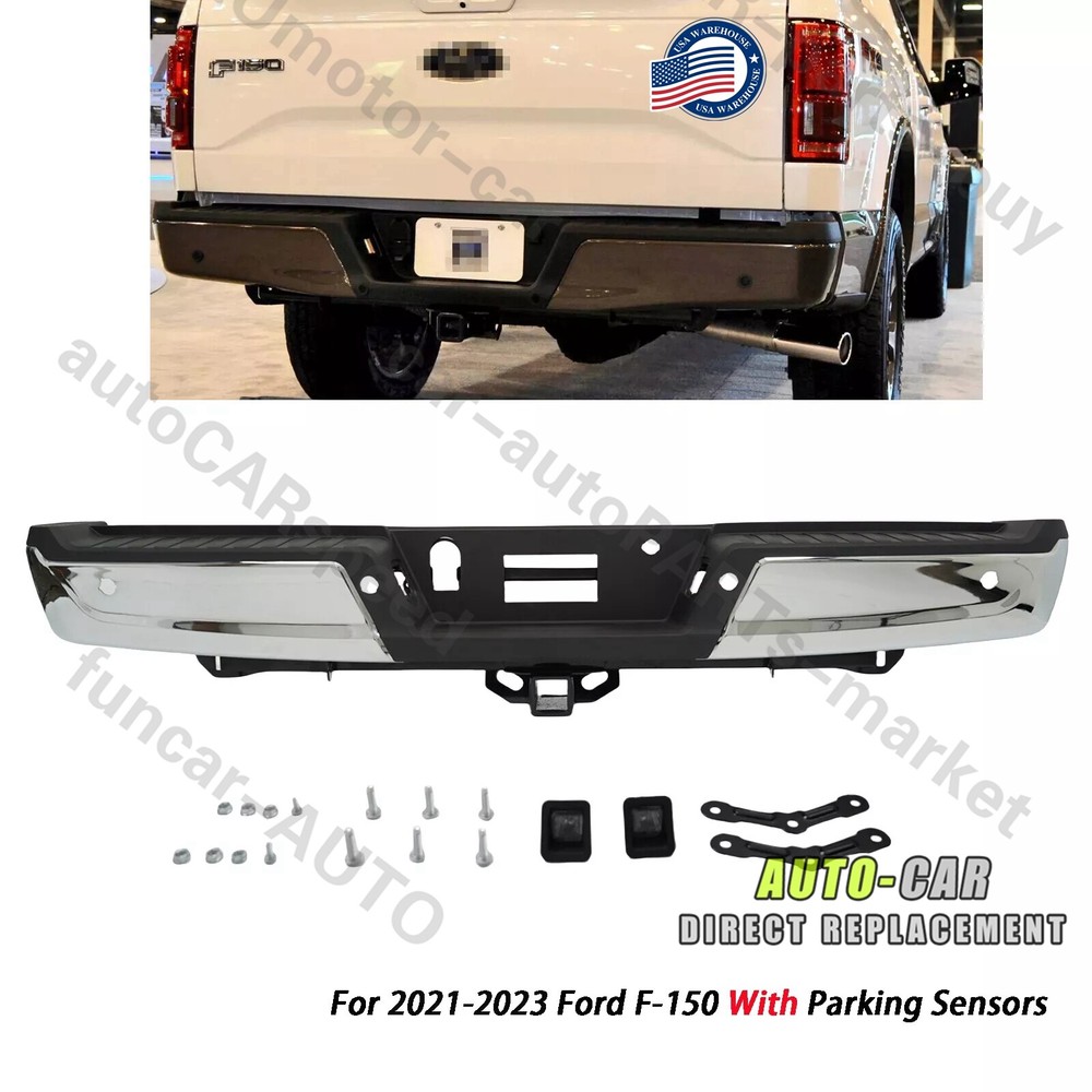 Chrome Steel Rear Bumper for 2021-2023 Ford F-150 With Parking Sensors & Tow DE