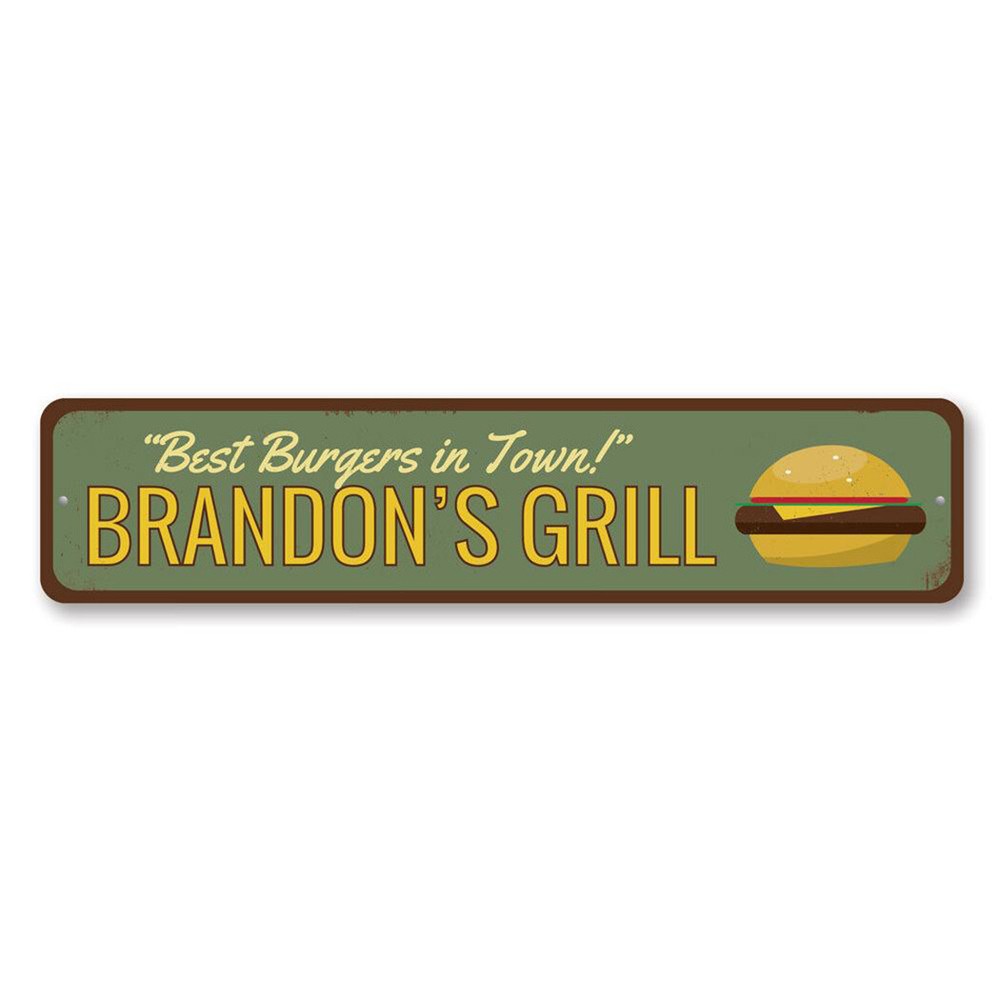 Best Burgers In Town Sign, Personalized Grill Master Name Metal Decor Sign