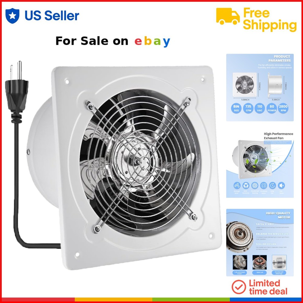 8 Inch 735 CFM Metal Exhaust Fan for Wall or Ceiling in Bathroom Kitchen Garage