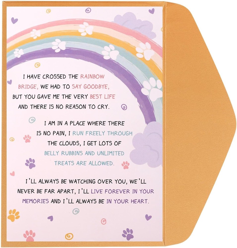 Pet Loss Memorial Sympathy Card with Envelope 8x5.3 Inch Rainbow Bridge