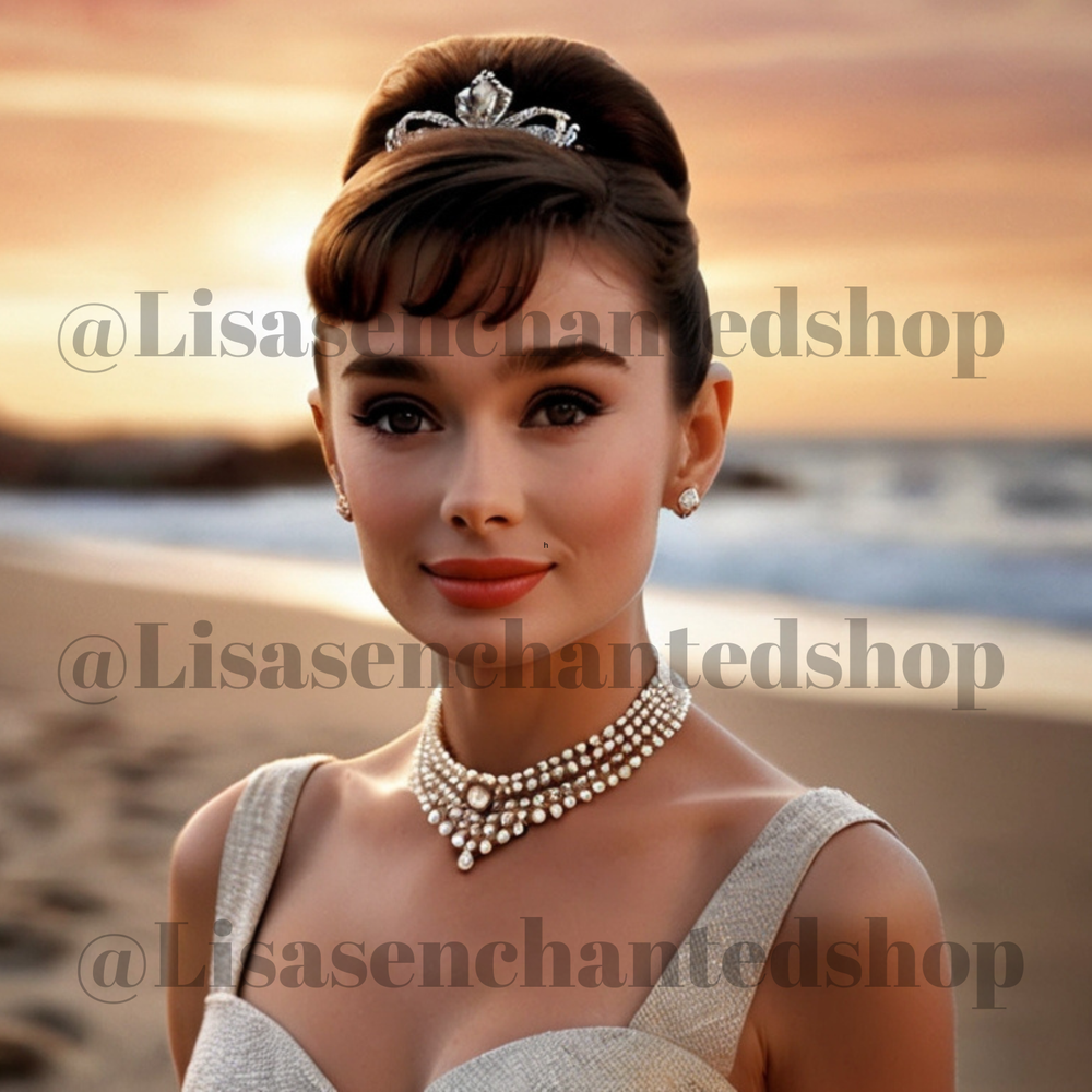 Audrey Hepburn Beach Sunset AI Art Digital Wallpaper-image